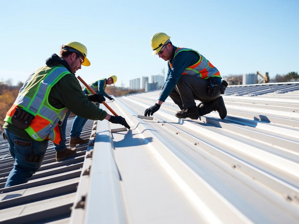 Roofing crew installing a standing seam metal roof